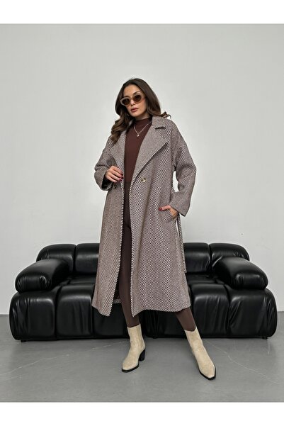 Elif Özbey Butik Hnědý dlouhý kabát s rybím hřbetem