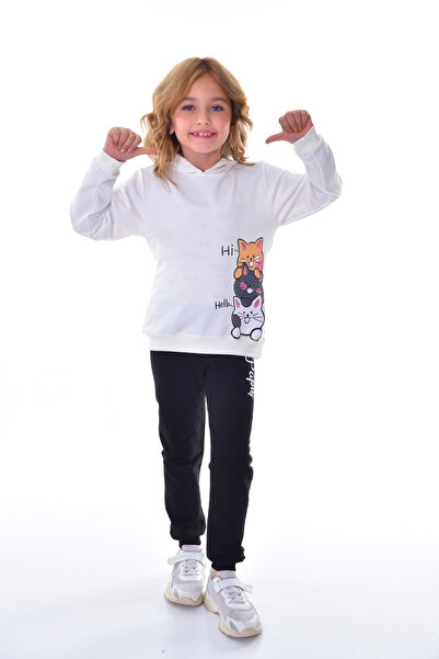 Papiş Girl's Tracksuit Set - Hooded and Printed Sweatshirt and Pajama Set