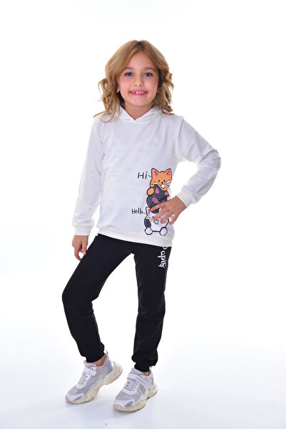 Papiş Girl's Tracksuit Set - Hooded and Printed Sweatshirt and Pajama Set