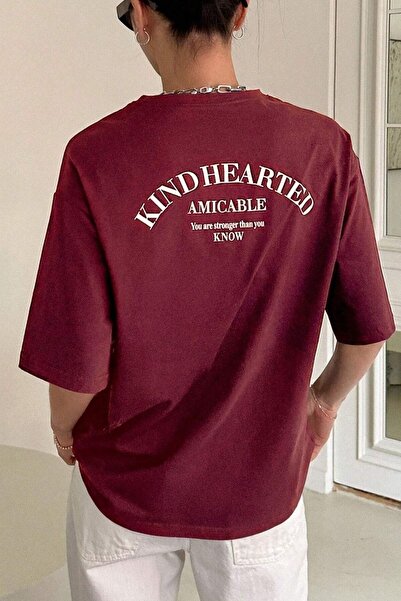 over head oh تي شيرت نسائي كبير الحجم مطبوع عليه قلب من الخلف باللون العنابي