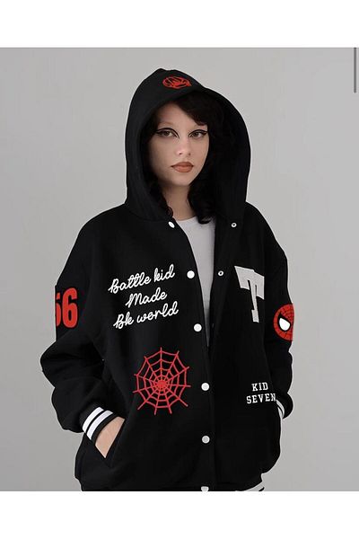 Touz Spiderman Front-Back Printed Unisex Oversize Black College Jacket
