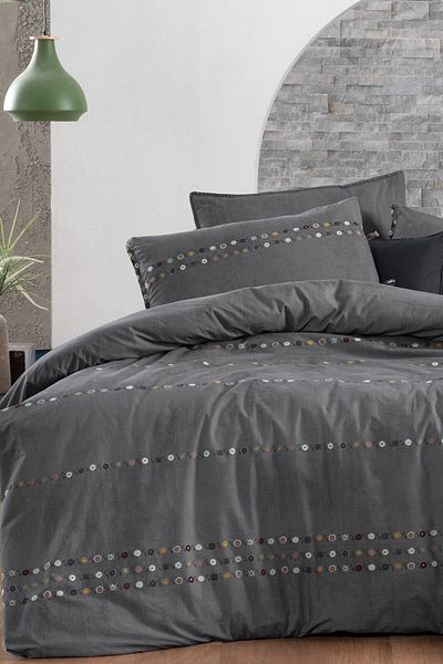 Sarev Tanya Gray King Size 100% Cotton Poplin Washed Double Sided Duvet Cover Set