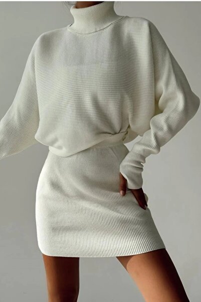 WOMAN VISION Kadın Balıkçı Yaka Tasarım El Geçmeli Kazak ve Yüksek Bel Beyaz ...