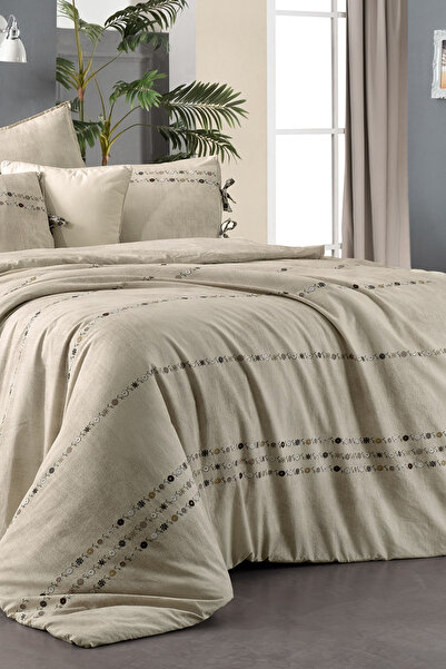 Sarev Tanya Beige Single 100% Cotton Poplin Washable Double Sided Duvet Cover Set