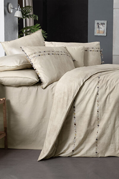 Sarev Tanya Beige Single 100% Cotton Poplin Washable Double Sided Duvet Cover Set