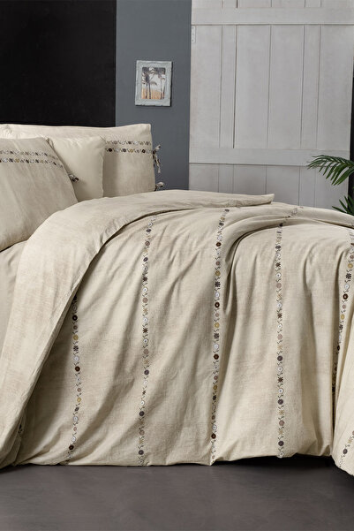 Sarev Tanya Beige Single 100% Cotton Poplin Washable Double Sided Duvet Cover Set