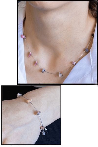 Tesbih Atölyesi Natural Stone Necklace Bracelet Set with Certified Rhodonite Stone