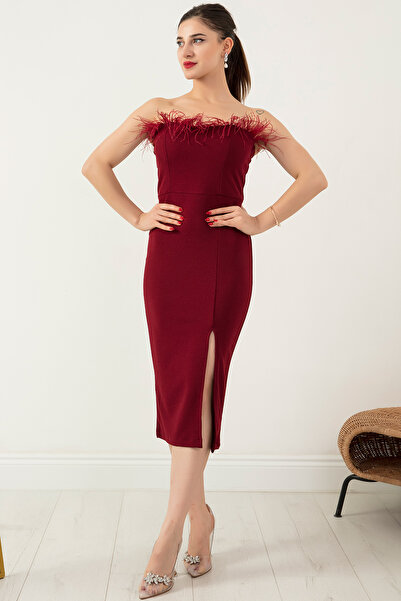 PULLIMM STRAPLEZ FEATHER DETAILED SLIT Pencil Dress 13420