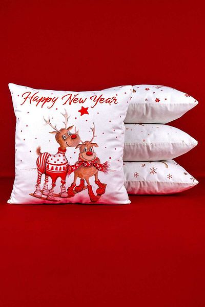 Cango Home Red New Year Deer Patterned Set of 4 Digital Printed Throw Pillow Cases St-4Kmbs322