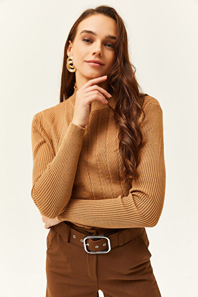 Olalook Γυναικείο πουλόβερ Camel Half Fisherman Zigzag με υφή μαλακό πλεκτό KZK- 19000447