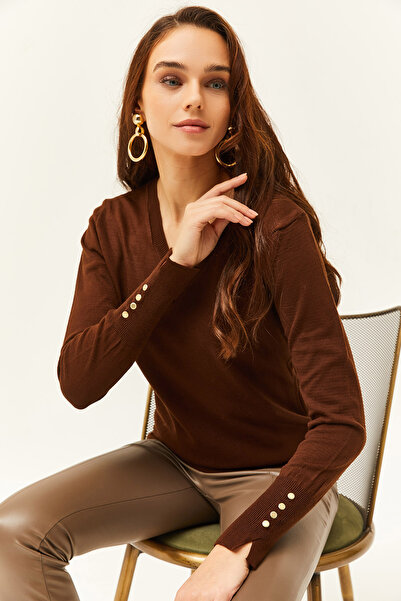 Olalook Women's Bitter Brown V-Neck Slit Cuff Buttoned Knitwear Sweater KZK-19000685