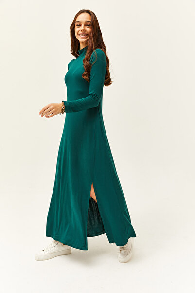 Olalook Γυναικείο Σμαραγδένιο Πράσινο Φόρεμα με μισό ζιβάγκο με σκίσιμο Lycra Midi Viscose ELB-19001989