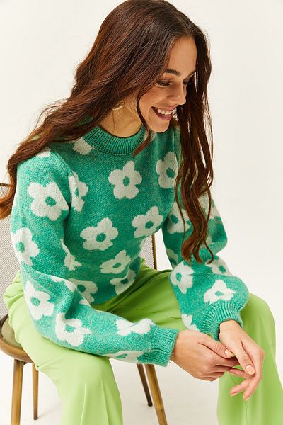 Olalook Women's Green Daisy Patterned Thick Knitwear Sweater KZK-19000705