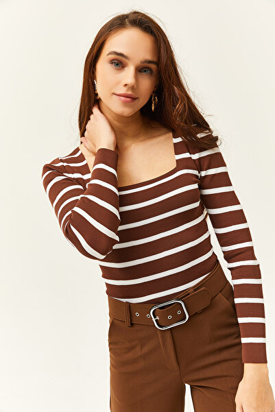 Olalook Γυναικεία ριγέ Bitter Brown τετράγωνο γιακά Crop Basic πλεκτά μπλούζα BLZ-19001114