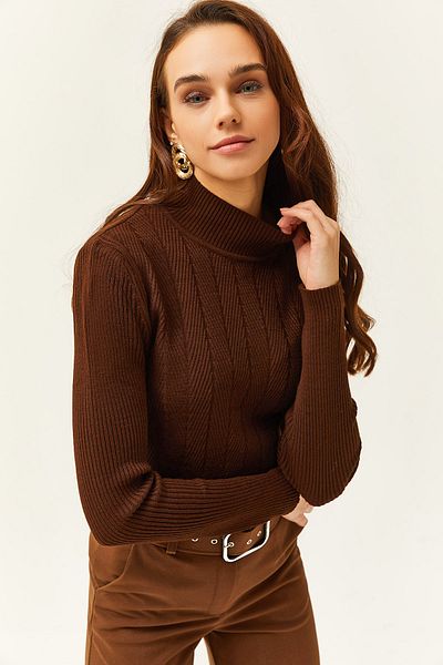 Olalook Bitter Brown halber Rollkragenpullover mit Zickzack-Struktur für Damen, weicher Strickpullover KZK-19000447
