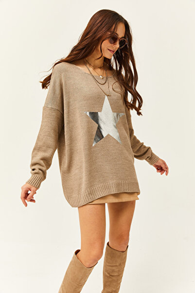 Olalook Women's Stone Lame Star Detailed Oversize Knitwear Sweater KZK-19000699