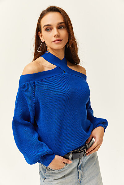 Olalook Pulover de damă Saks cu guler în cruce albastră KZK-19000192