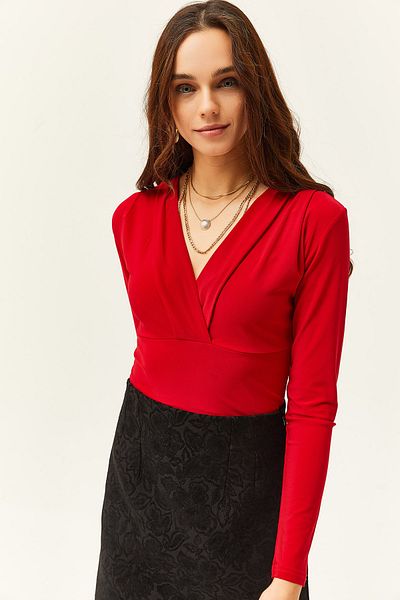 Olalook Women's Red Double Breasted Collar Crop Lycra Blouse BLZ-19002441