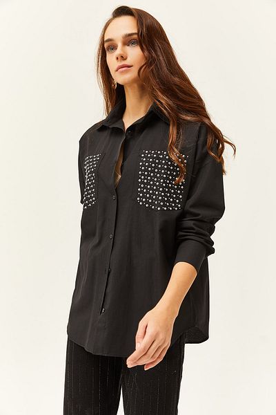Olalook Dámská černá oversize košile s detailem sponkové kapsy GML-19001167