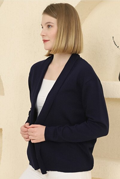 VEGENZE Women's Navy Blue Ribbed Fine Knitwear Cardigan