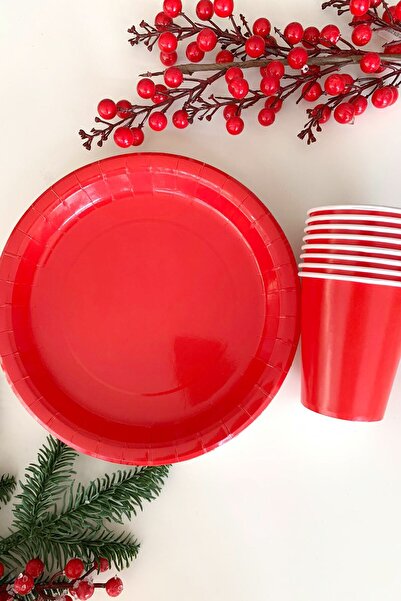 Partifabrik Kırmızı Renk Pastel Karton Tabak Bardak Set 8 Li