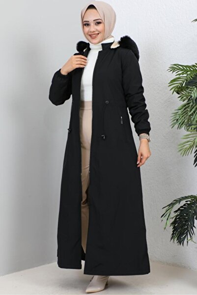 benguen 1055 Hooded Long Bondit Coat with Fur Detail on Collar Black