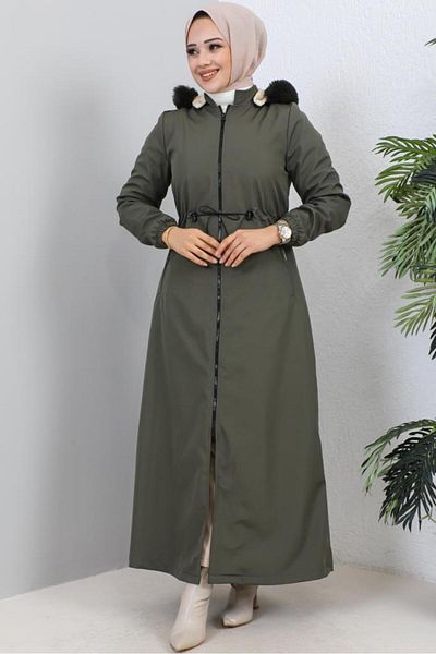 benguen Παλτό 1055 Hooded Long Bondit με λεπτομέρεια από γούνα στο γιακά Χακί