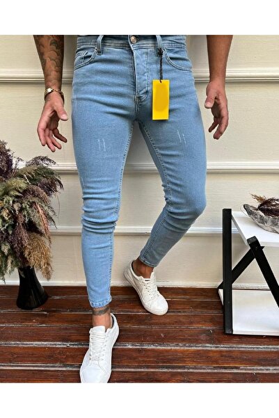 Dark Lavish Erkek Buz Mavi Jean Italyan Kesim Denım Tırnaklı Skinny Kot pantolon
