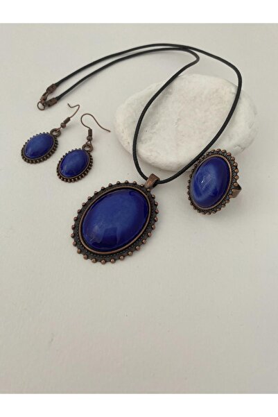 HEDİYEM EVİME İznik Çini Set Kolye Küpe Yüzük Otantik El Boyaması Mavi Renk Deri İpli