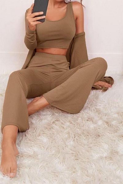 NİMSE LOVE Viscose Pale Brown 3-Piece Crop Trend Large Size Nightgown 7007