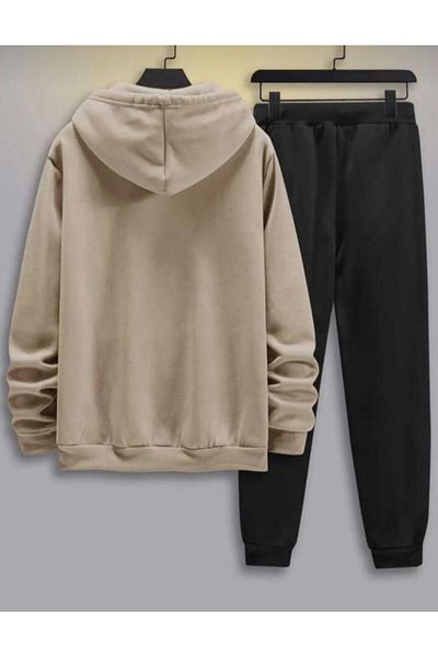 LA VESTİTİ Men's Oversize Paris Printed Cotton Tracksuit Set - Hooded Sweatshirt High waist Jogger