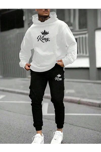 LA VESTİTİ Men's White Oversize King Printed Cotton Tracksuit Set - Hooded Sweatshirt High waist Jogger