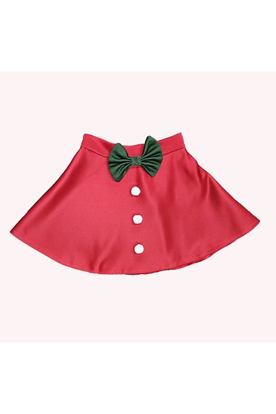 NSMLİFE Girl's Red Satin Mini Christmas SKirt - Green Bow Detail, Flared Cut NSM227ETK