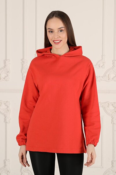 Seamoda Orange Hooded Slit Large Size Women's Daily Use Sweatshirt