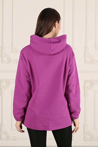 Seamoda Purple Hooded Slit Large Size Women's Daily Use Sweatshirt