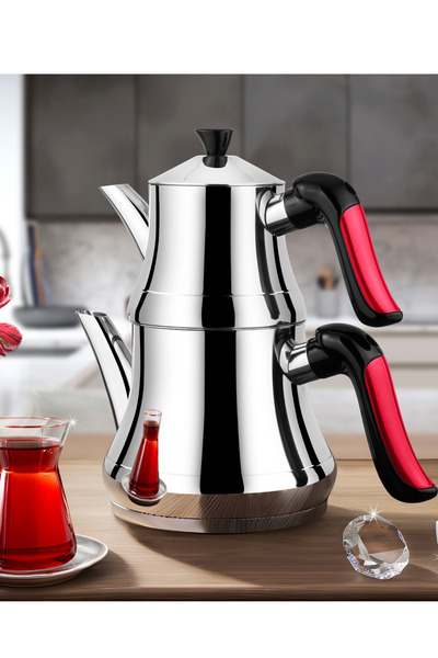 Lines Naz Kristal Serisi Paslanmaz Çelik Çaydanlık Orta Boy - Demlik 0,75 Litre Suluk 1,75 Litre