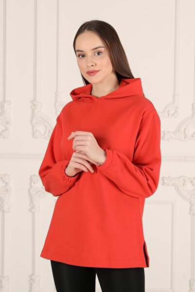 Seamoda Orange Hooded Slit Large Size Women's Daily Use Sweatshirt