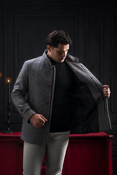 ADVANTE Ανδρικό παλτό Slimfit Stand Collar με αυτο-ριγέ κουμπί και κλείσιμο με φερμουάρ