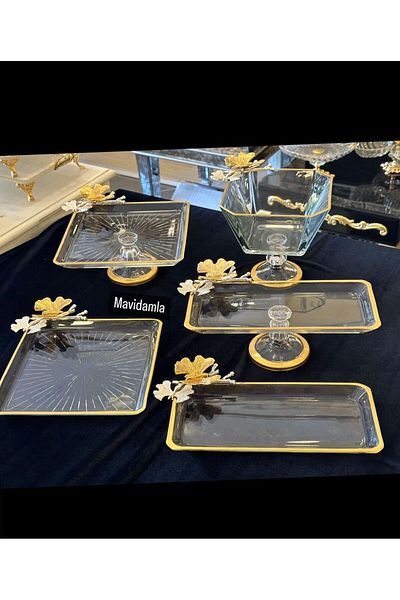 MaviDamla 5 Piece Footed Glass Serving Set with Butterfly Detail Gilded