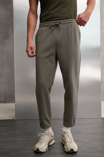 GRIMELANGE Walsh Men's Pique Look Special Fabric Flexible Double Leg Corded Elastic Waist Khaki Trousers