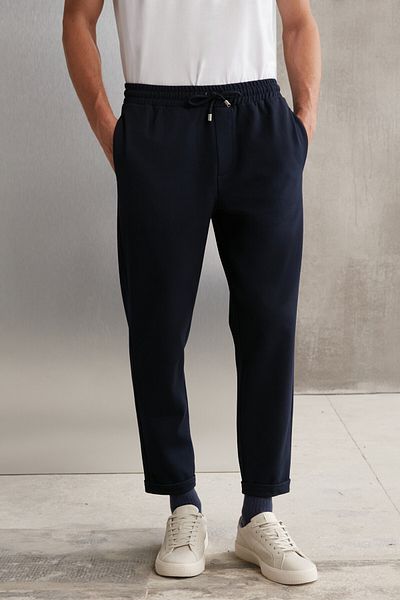 GRIMELANGE Walsh Herren-Hose im Piqué-Look, spezieller Stoff, dehnbar, mit doppeltem Bein, schnurgebundener, elastischer Taille, marineblau