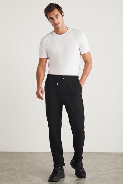 GRIMELANGE Walsh Men&#39;s Pique Look Special Fabric Flexible Double Leg Corded Black Trousers with Elastic Waist