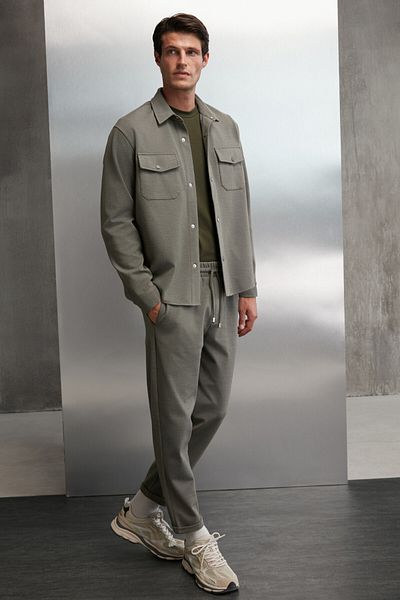 GRIMELANGE Walsh Men's Pique Look Special Fabric Flexible Double Leg Corded Elastic Waist Khaki Trousers