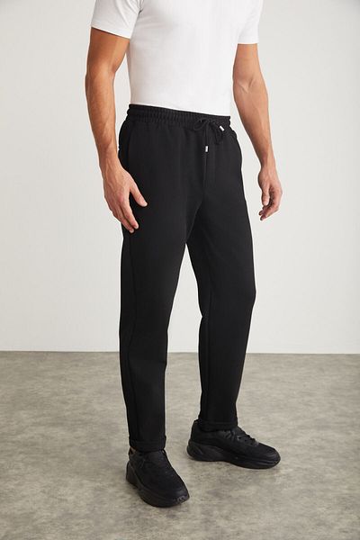 GRIMELANGE Walsh Men&#39;s Pique Look Special Fabric Flexible Double Leg Corded Black Trousers with Elastic Waist