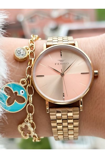 FERRO Brand New Season Rose Color, Steel Strap, Simple Model Women's Wristwatch + Bracelet in Box
