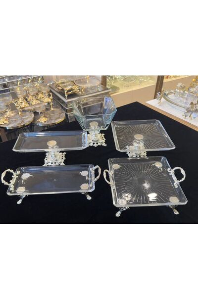MaviDamla 5 Piece Cast Footed Glass Serving Set Silver