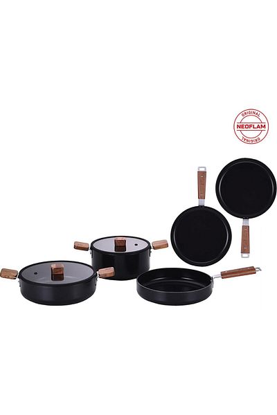 NEOFLAM Bien Black 7-Piece x Induction Wok Acacia Wood Pot Pan Set with Handle