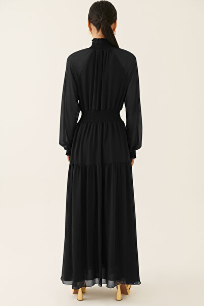 Perspective Dixie Regular Fit High Collar Long Length Black Color Dress