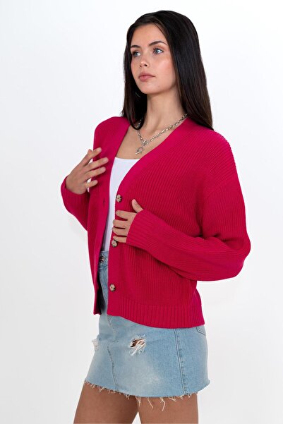 CHUBA Women's Cotton Buttoned V-Neck Thessaloniki Cardigan Fuchsia 24W147