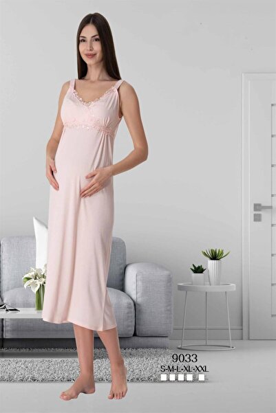 Lohussa Kadın Pudra Dantelli Askılı Pamuklu Lohusa Hamile Gecelik